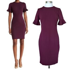 Calvin Klein Flutter Sleeve Sheath Dress Size 4 Aubuergine Purple Stretch Crepe